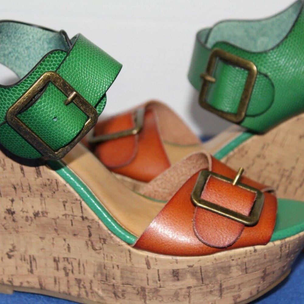 MOSSIMO SUPPLY CO. Green/Tan Buckle Straps Cork Platform Wedge Heels Size 6 B - Picture 4 of 9
